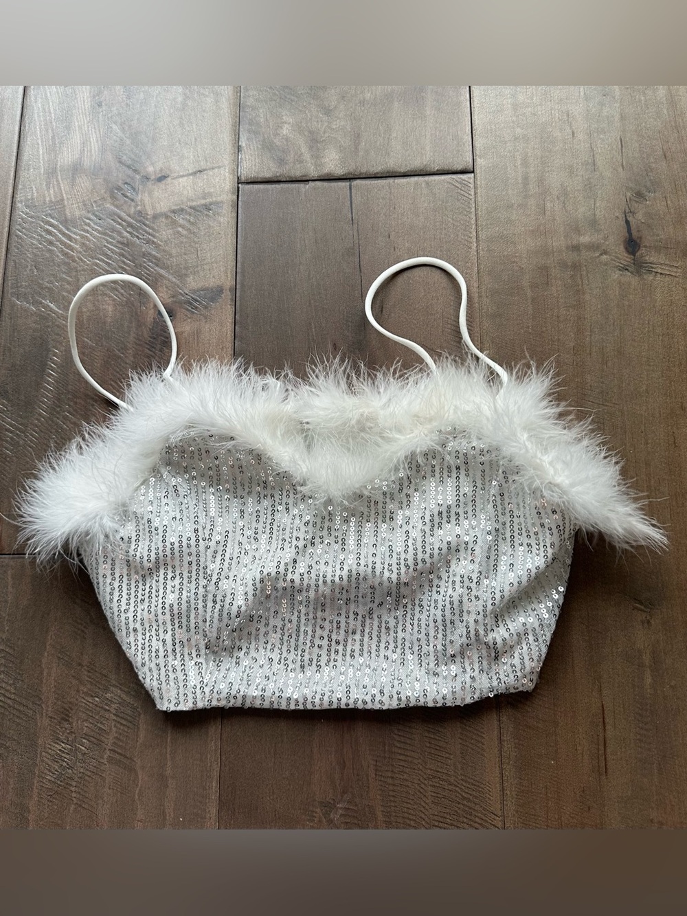 White Sequin Marabou Trim Crop Top